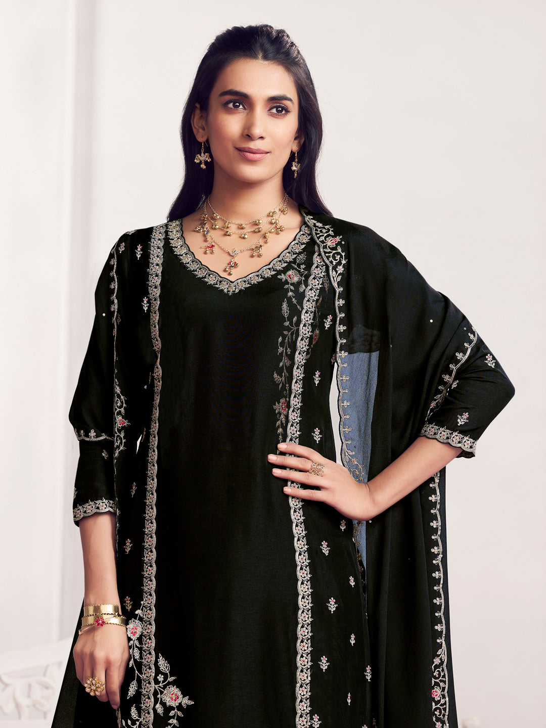 Black Embroidery Straight Kurta With Dyed Trousers And Embroidery Dupatta