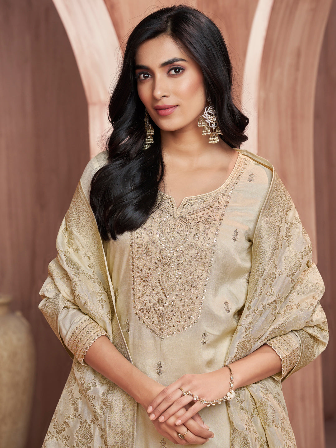 Off-White Embroidery Straight Kurta With Dyed Trousers And Jacquard Dupatta