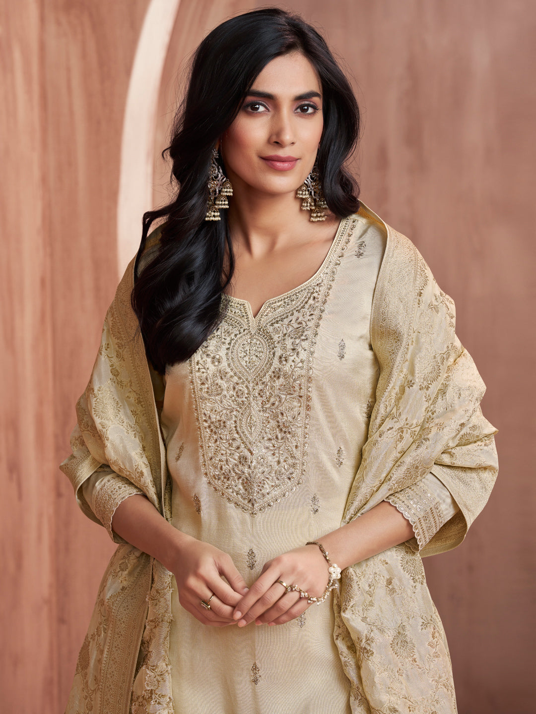 Off-White Embroidery Straight Kurta With Dyed Trousers And Jacquard Dupatta