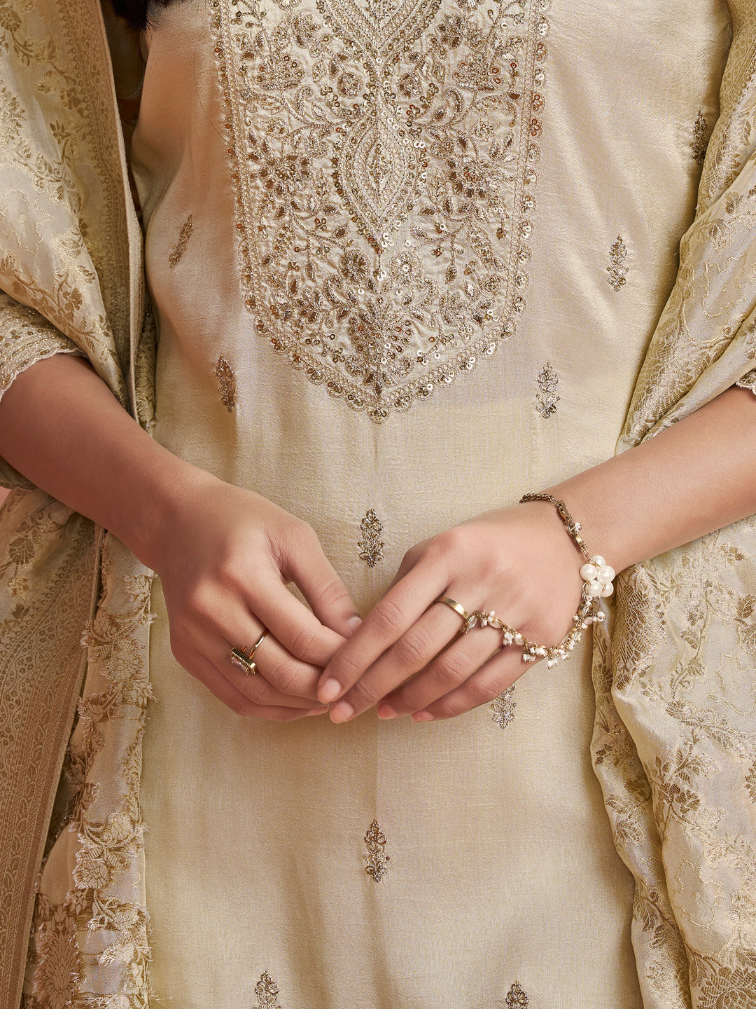 Off-White Embroidery Straight Kurta With Dyed Trousers And Jacquard Dupatta