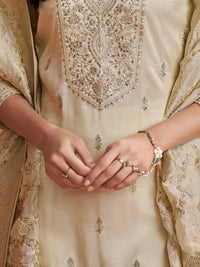 Off-White Embroidery Straight Kurta With Dyed Trousers And Jacquard Dupatta