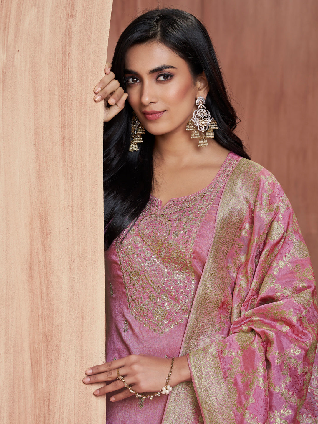 Pink Embroidery Straight Kurta With Dyed Trousers And Jacquard Dupatta
