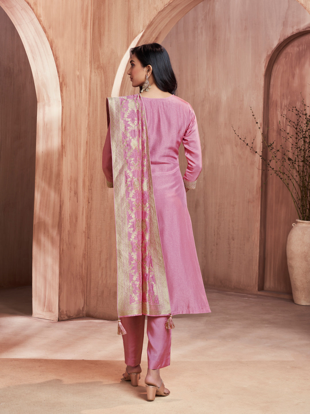 Pink Embroidery Straight Kurta With Dyed Trousers And Jacquard Dupatta