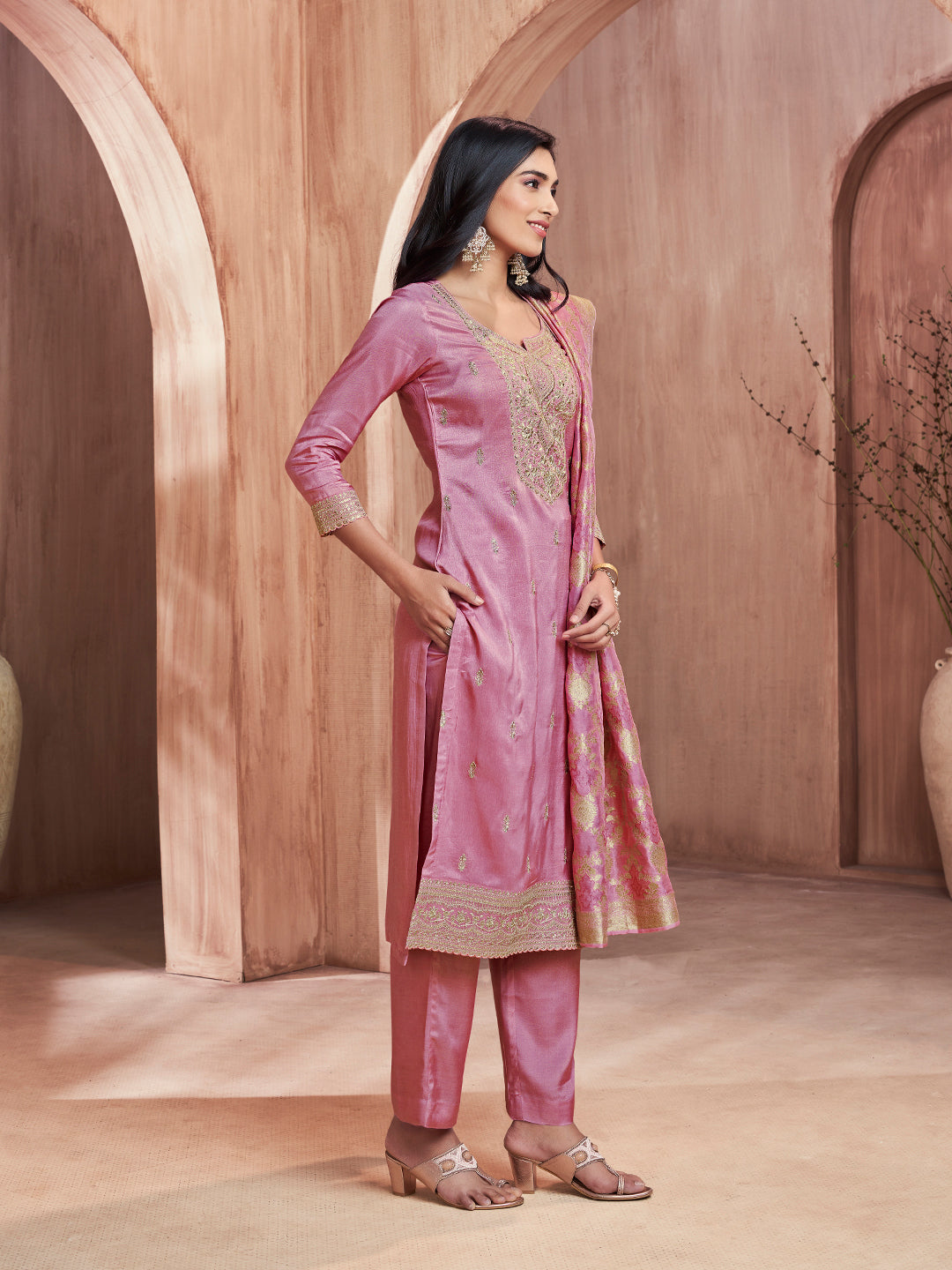 Pink Embroidery Straight Kurta With Dyed Trousers And Jacquard Dupatta