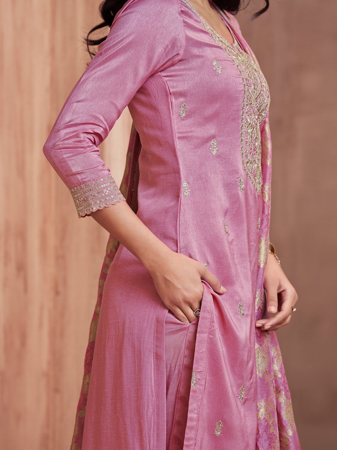 Pink Embroidery Straight Kurta With Dyed Trousers And Jacquard Dupatta