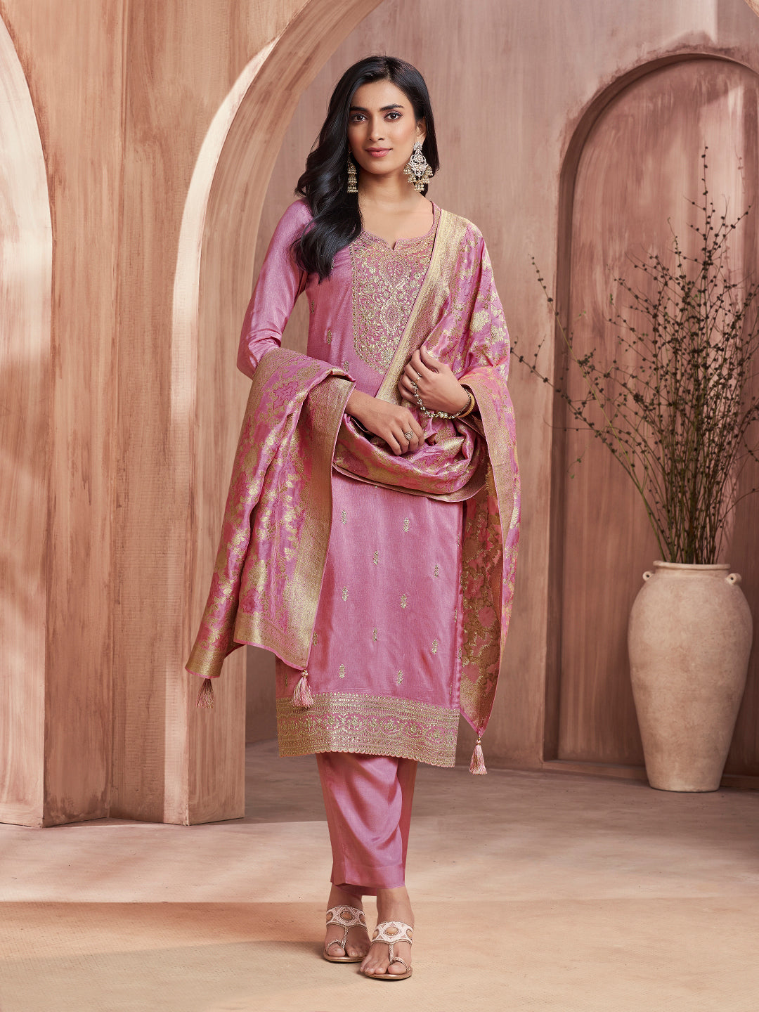 Pink Embroidery Straight Kurta With Dyed Trousers And Jacquard Dupatta