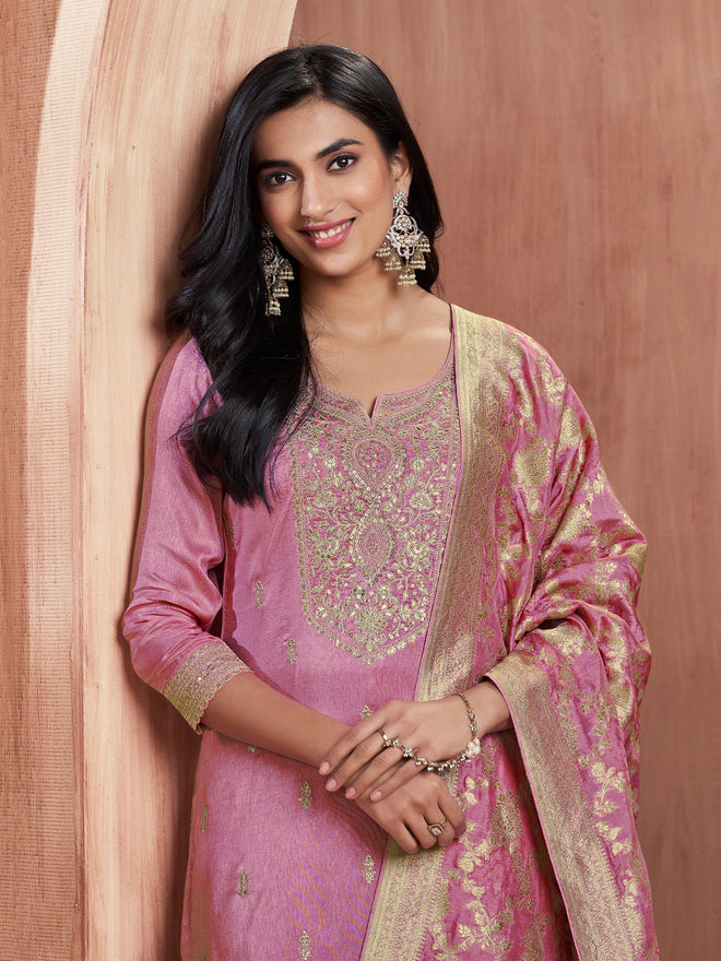 Pink Embroidery Straight Kurta With Dyed Trousers And Jacquard Dupatta