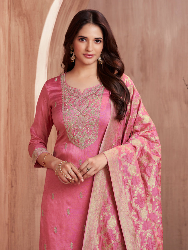 Pink Embroidery Straight Kurta With Dyed Trousers And Jaal Jacquard Dupatta
