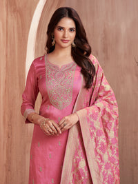 Pink Embroidery Straight Kurta With Dyed Trousers And Jaal Jacquard Dupatta