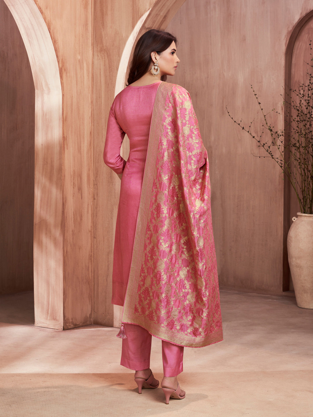 Pink Embroidery Straight Kurta With Dyed Trousers And Jaal Jacquard Dupatta