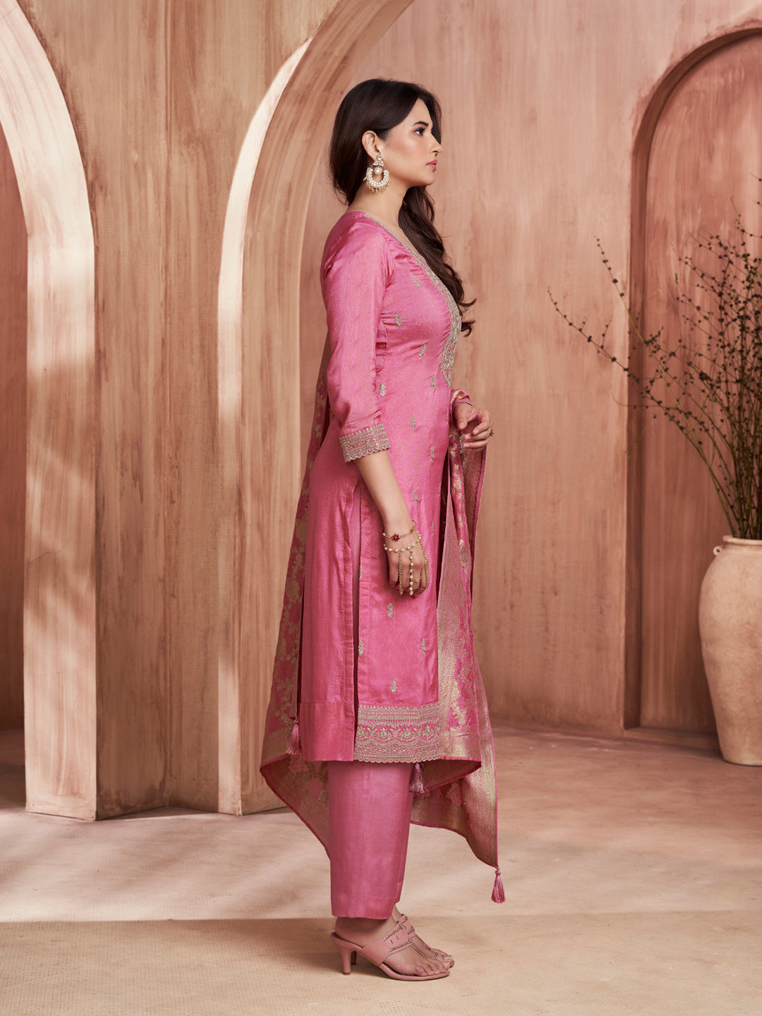 Pink Embroidery Straight Kurta With Dyed Trousers And Jaal Jacquard Dupatta