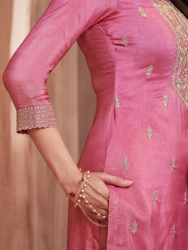 Pink Embroidery Straight Kurta With Dyed Trousers And Jaal Jacquard Dupatta