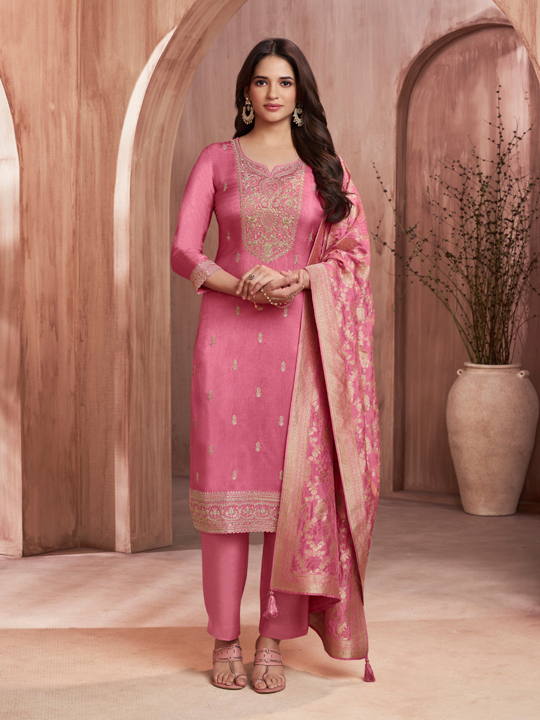 Pink Embroidery Straight Kurta With Dyed Trousers And Jaal Jacquard Dupatta