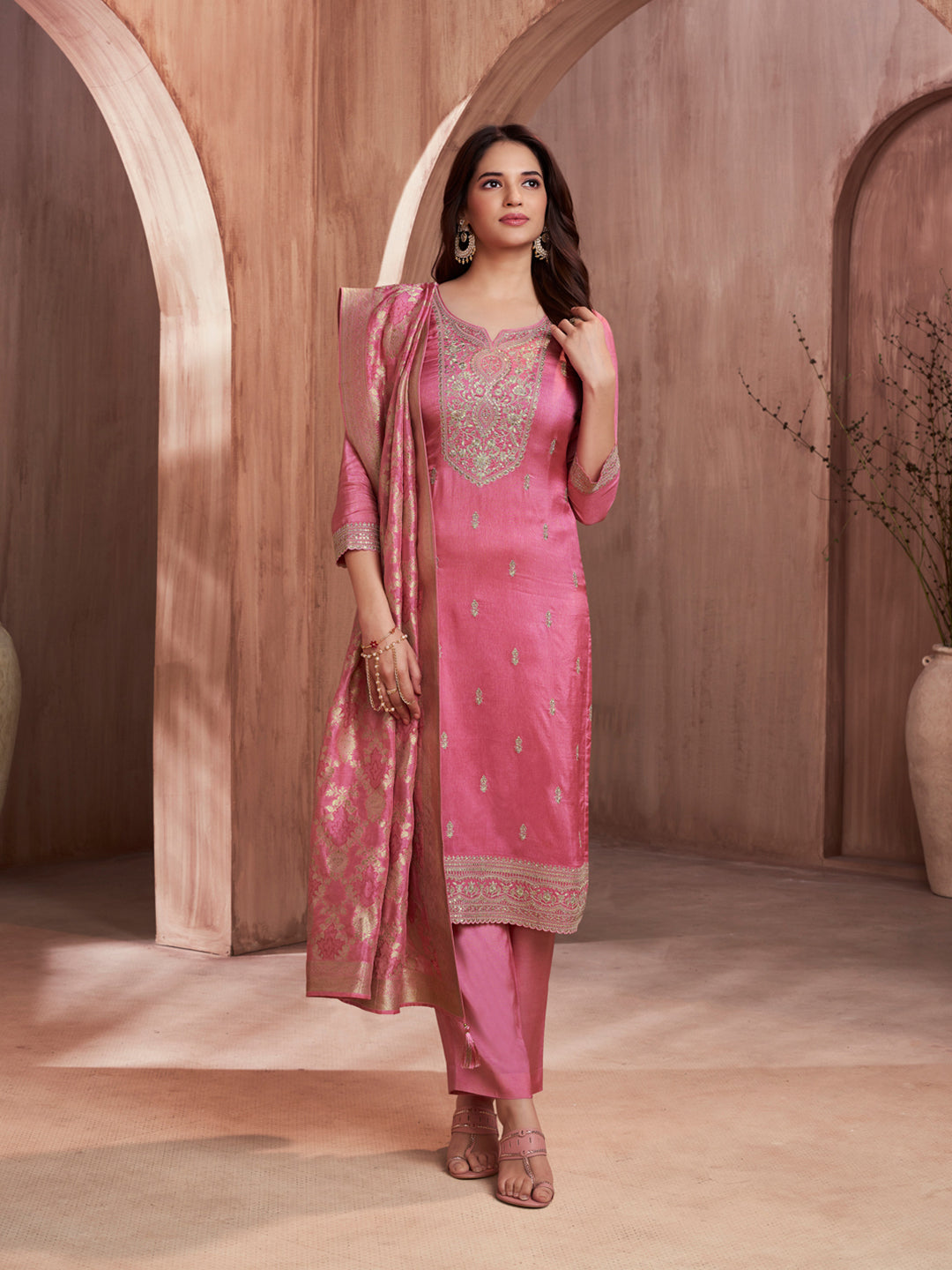 Pink Embroidery Straight Kurta With Dyed Trousers And Jaal Jacquard Dupatta
