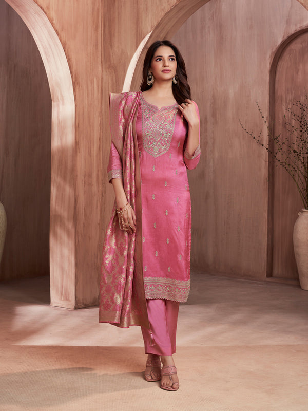 Pink Embroidery Straight Kurta With Dyed Trousers And Jaal Jacquard Dupatta