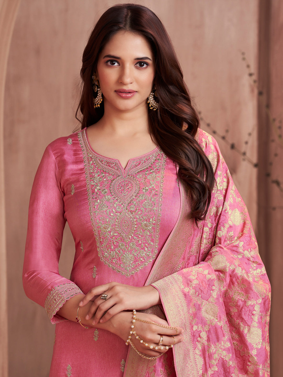 Pink Embroidery Straight Kurta With Dyed Trousers And Jaal Jacquard Dupatta
