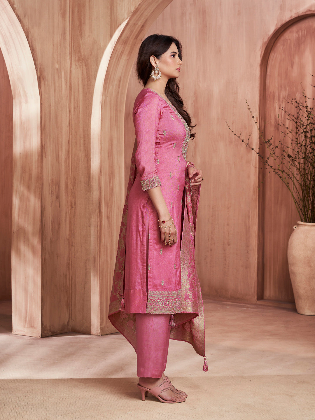 Pink Embroidery Straight Kurta With Dyed Trousers And Jacquard Dupatta