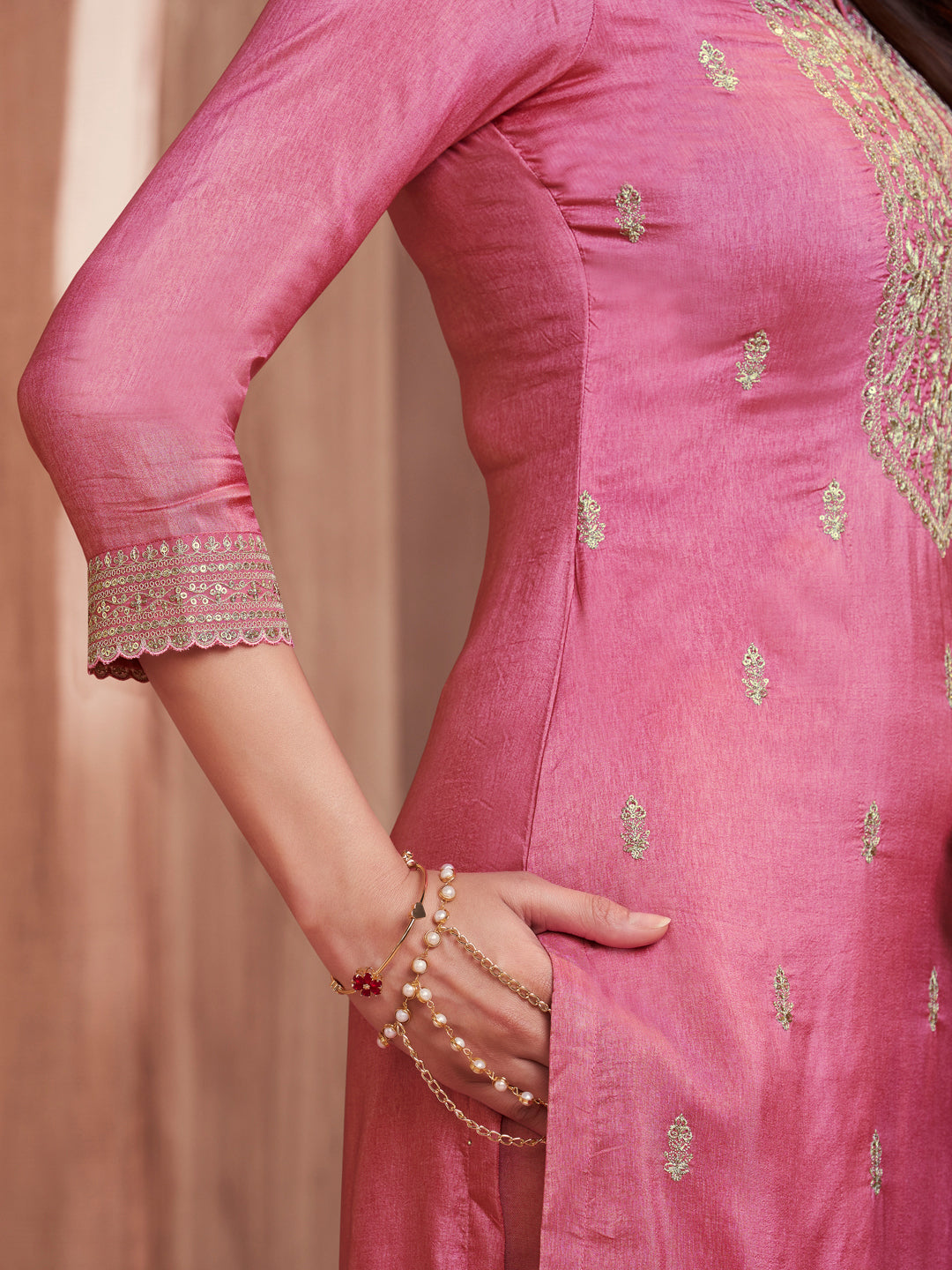 Pink Embroidery Straight Kurta With Dyed Trousers And Jacquard Dupatta