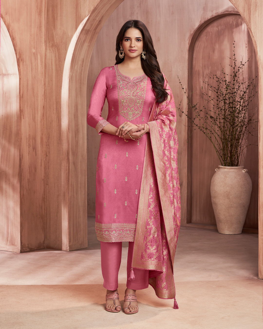 Pink Embroidery Straight Kurta With Dyed Trousers And Jacquard Dupatta