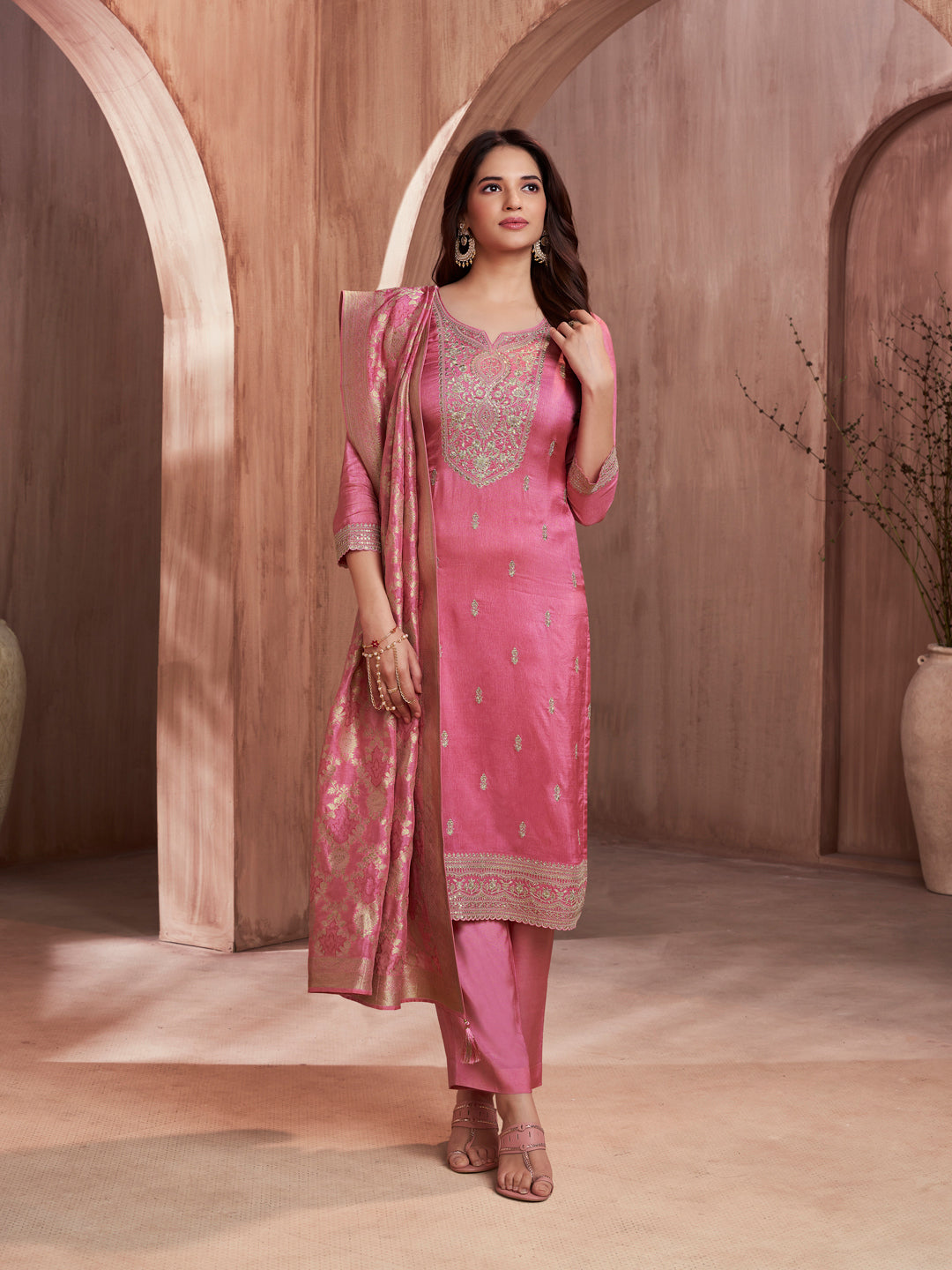 Pink Embroidery Straight Kurta With Dyed Trousers And Jacquard Dupatta