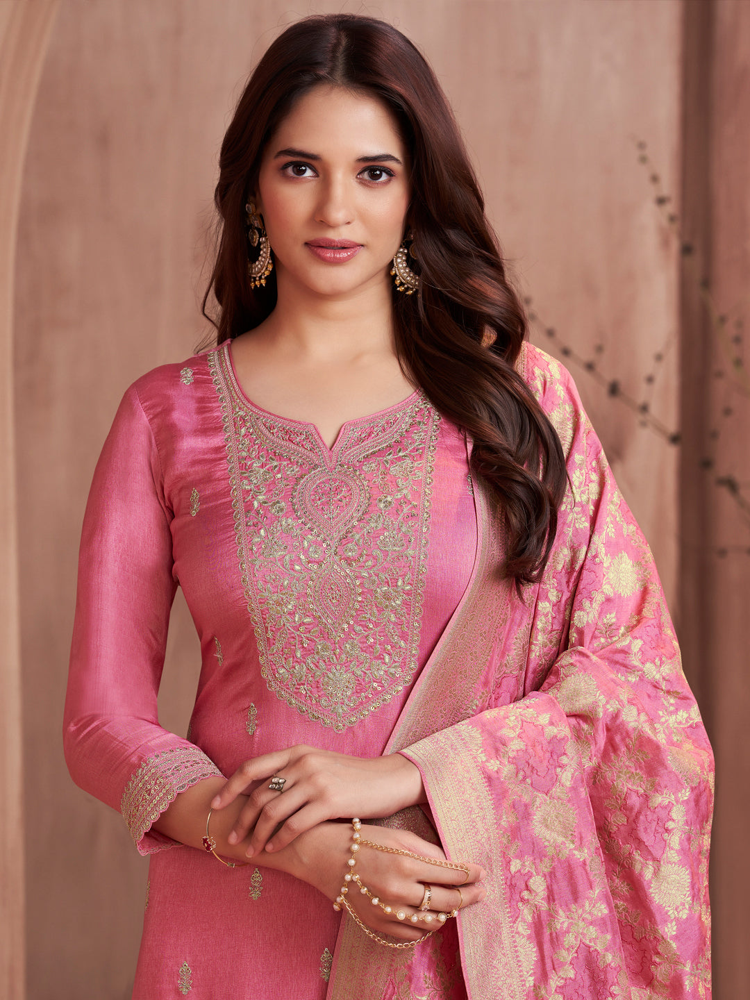 Pink Embroidery Straight Kurta With Dyed Trousers And Jacquard Dupatta