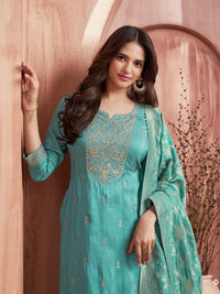 Turquoise Blue Embroidered Kurta Set with Dyed Trousers and Jacquard Dupatta