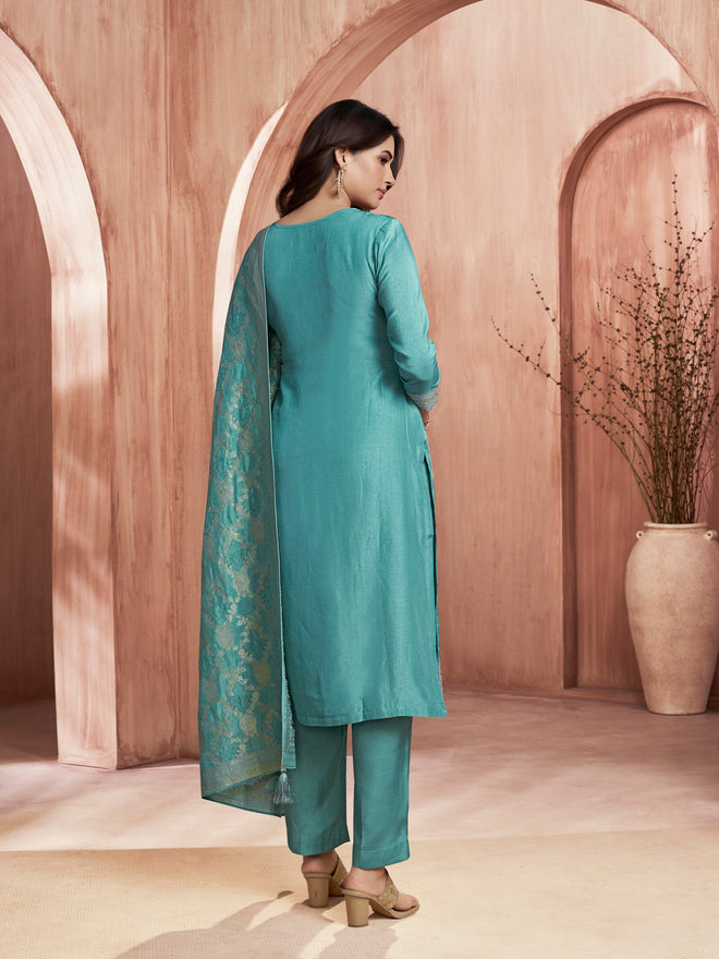Turquoise Blue Embroidered Kurta Set with Dyed Trousers and Jacquard Dupatta