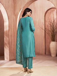 Turquoise Blue Embroidered Kurta Set with Dyed Trousers and Jacquard Dupatta