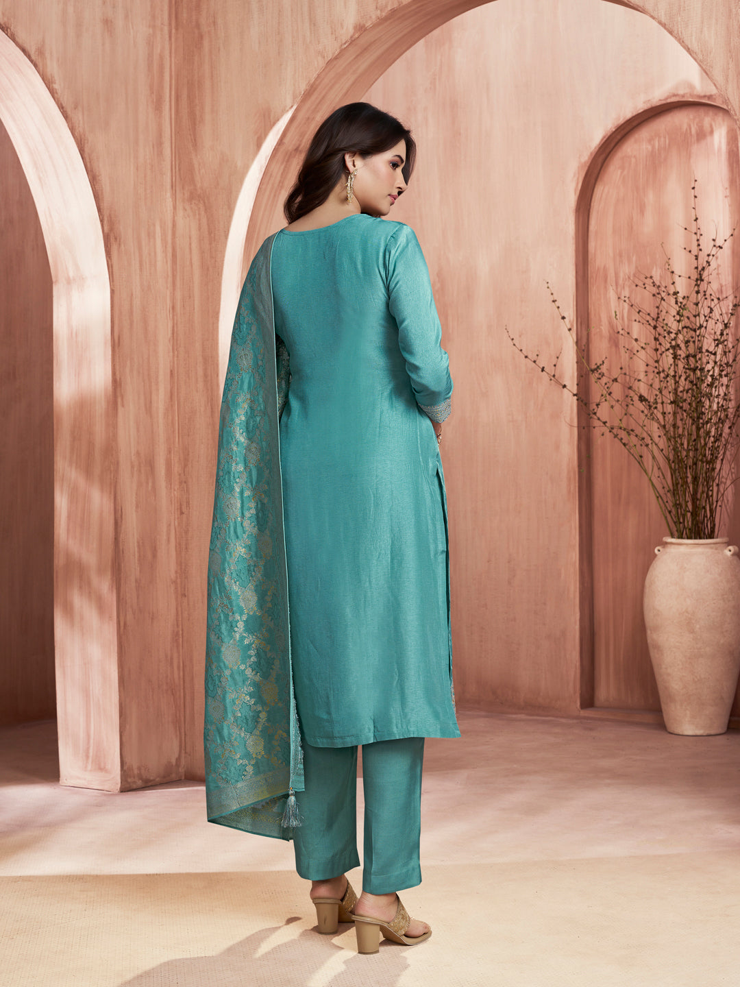 Turquoise Blue Embroidered Kurta Set with Dyed Trousers and Jacquard Dupatta