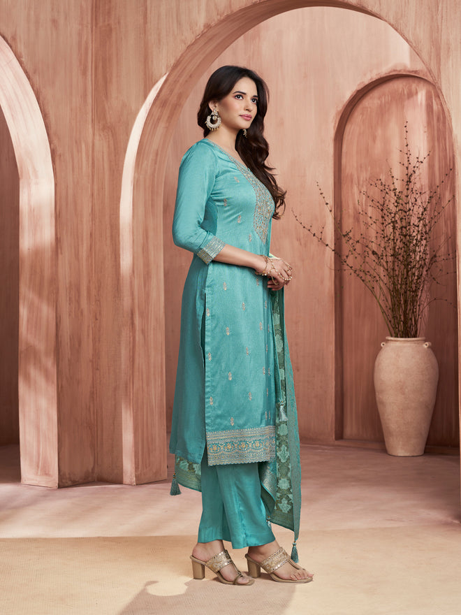 Turquoise Blue Embroidered Kurta Set with Dyed Trousers and Jacquard Dupatta