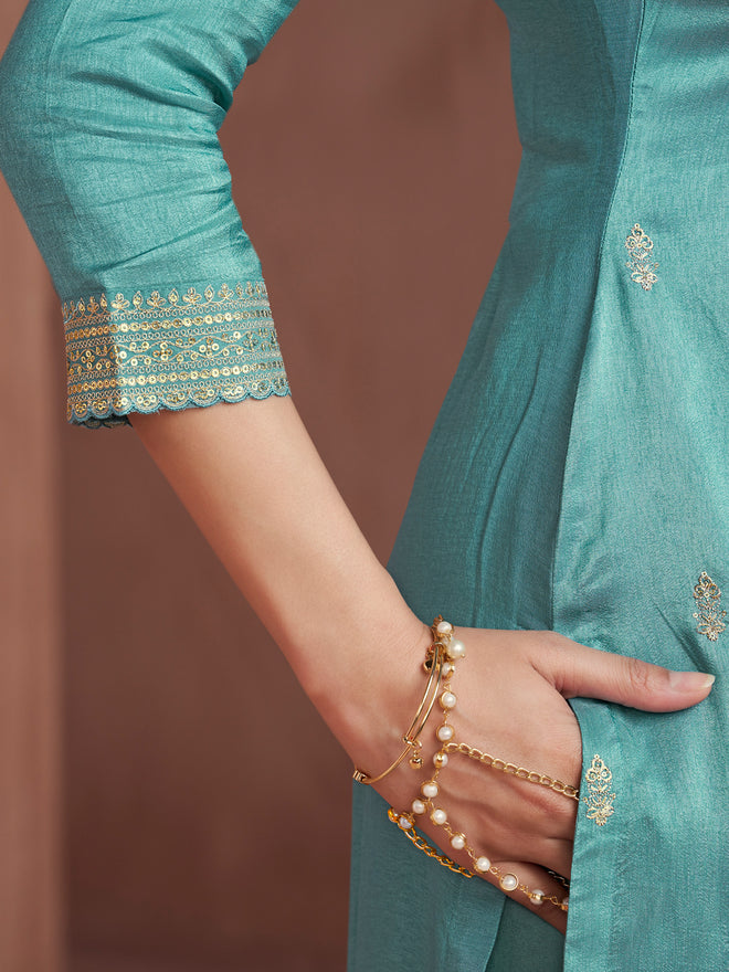 Turquoise Blue Embroidered Kurta Set with Dyed Trousers and Jacquard Dupatta