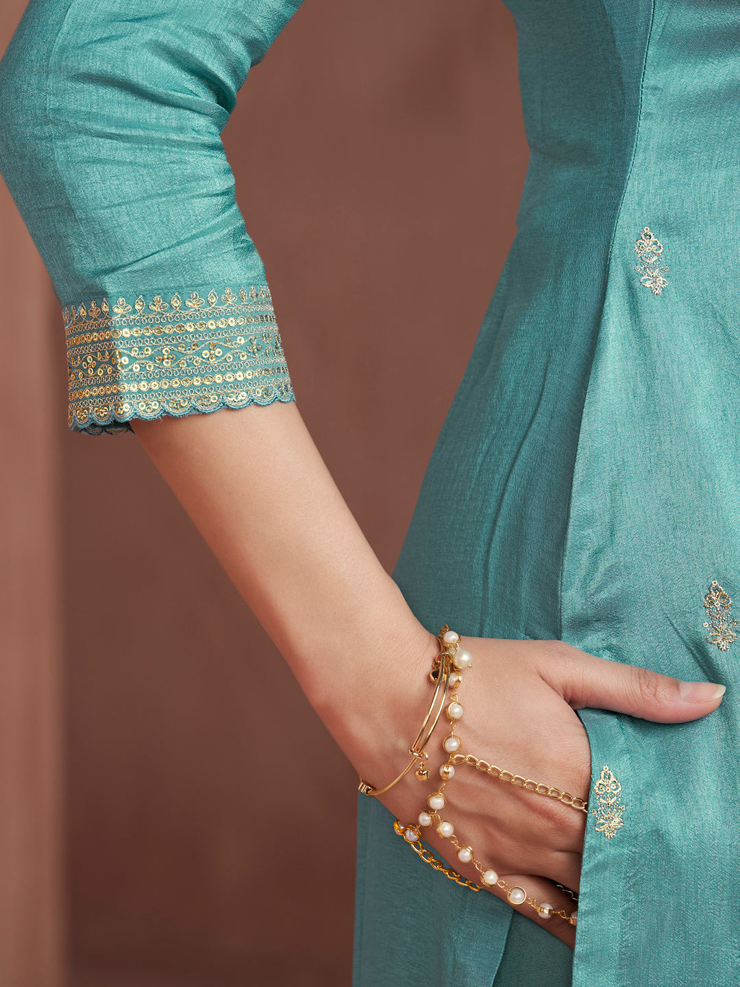 Tarquoise Blue Embroidery Straight Kurta With Dyed Trousers And Jacquard Dupatta