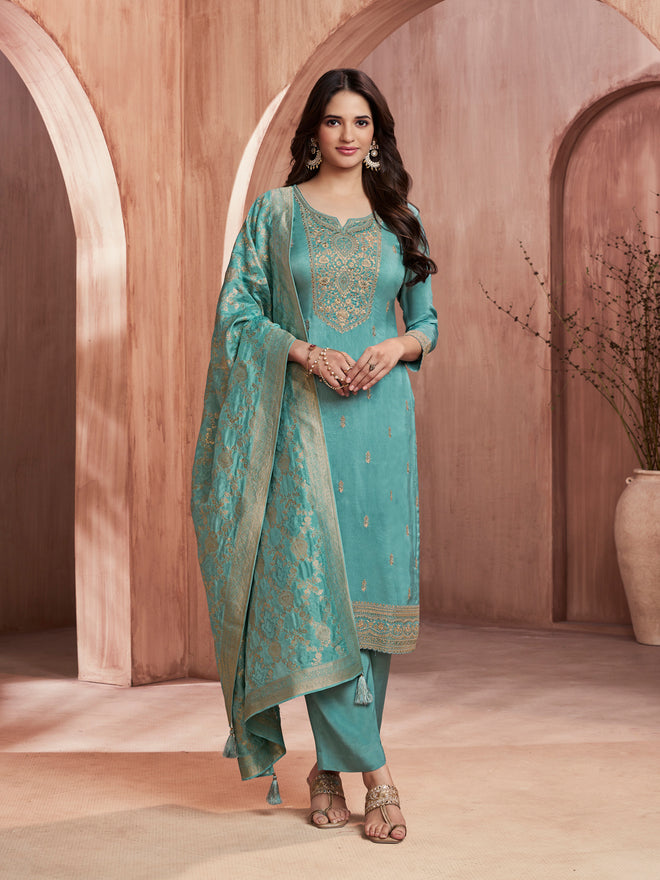 Turquoise Blue Embroidered Kurta Set with Dyed Trousers and Jacquard Dupatta