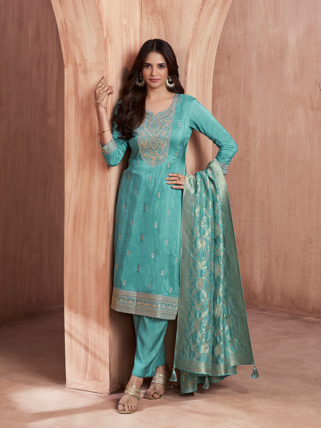 Turquoise Blue Embroidered Kurta Set with Dyed Trousers and Jacquard Dupatta