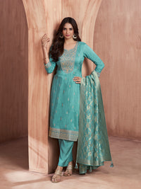 Turquoise Blue Embroidered Kurta Set with Dyed Trousers and Jacquard Dupatta