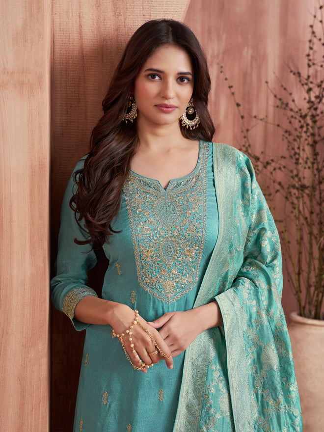 Turquoise Blue Embroidered Kurta Set with Dyed Trousers and Jacquard Dupatta