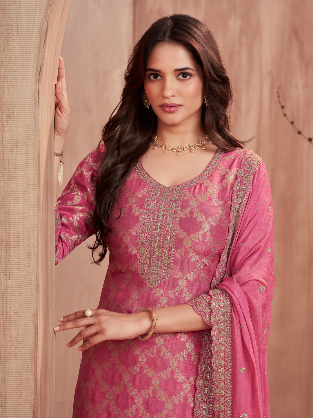 Pink Jacquard Straight Kurta With Dyed Trousers And Embroidery Dupatta