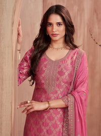 Pink Jaal Jacquard Straight Kurta With Dyed Trousers And Embroidery Dupatta