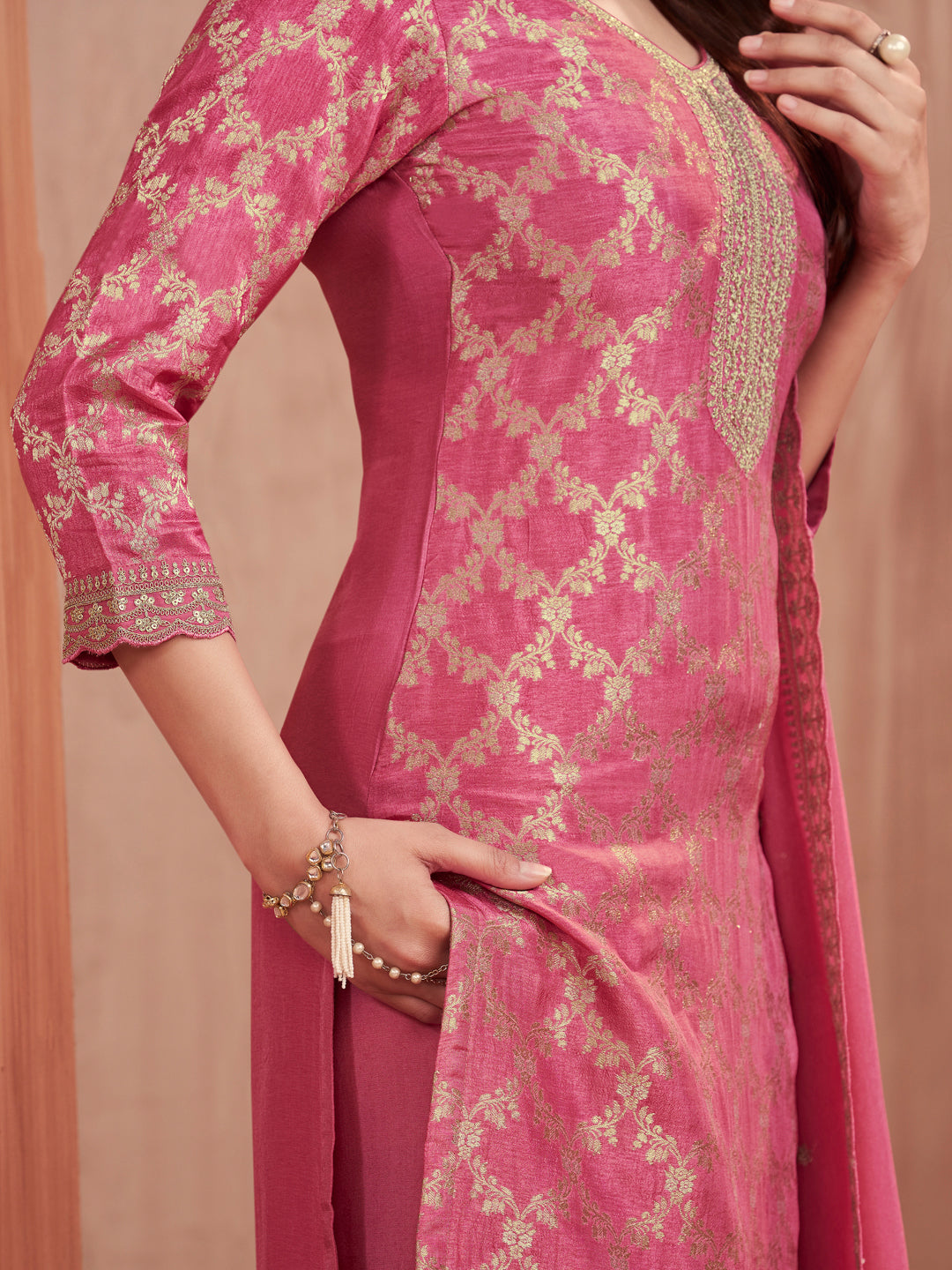 Pink Jacquard Straight Kurta With Dyed Trousers And Embroidery Dupatta