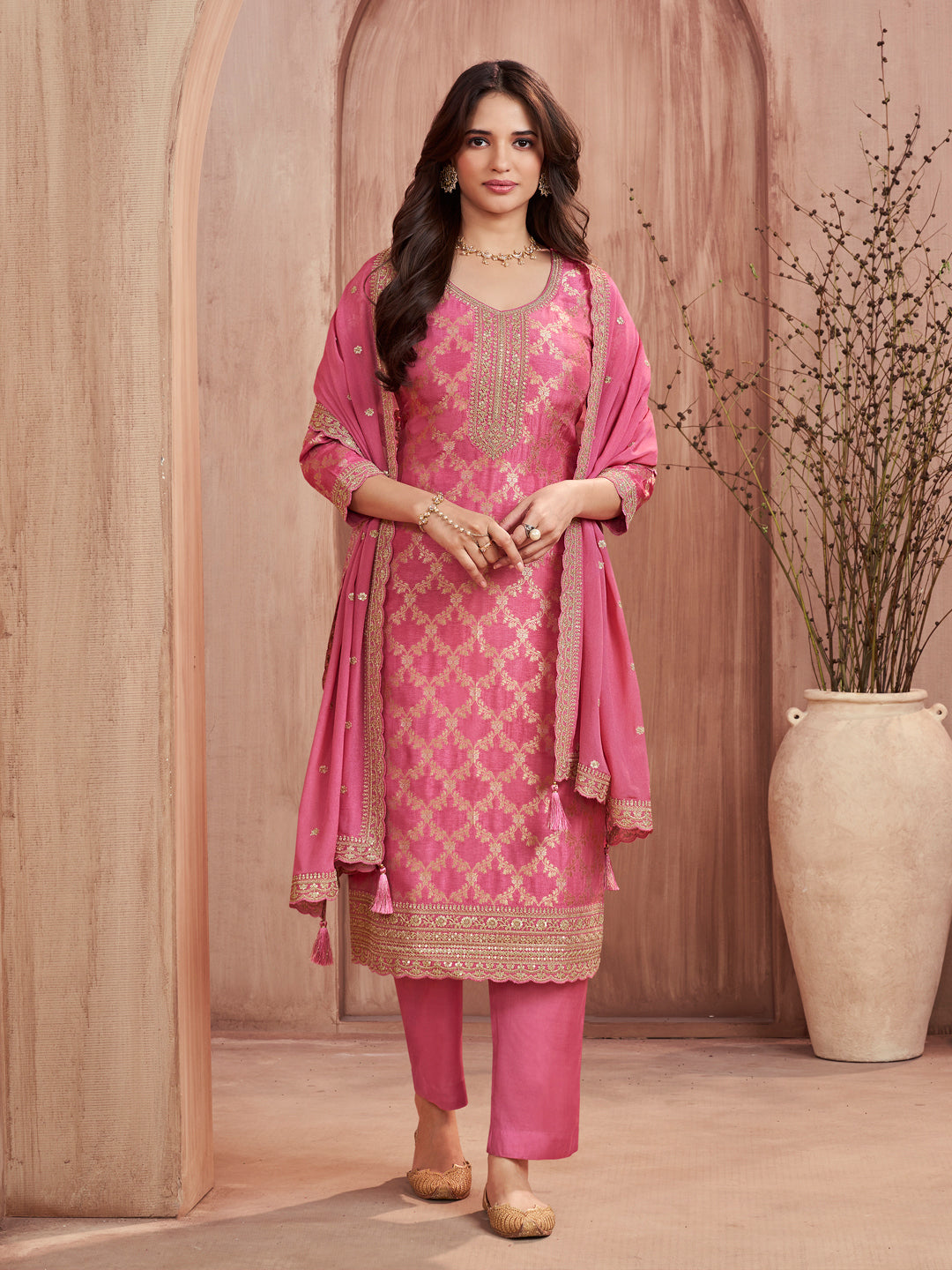 Pink Jacquard Straight Kurta With Dyed Trousers And Embroidery Dupatta