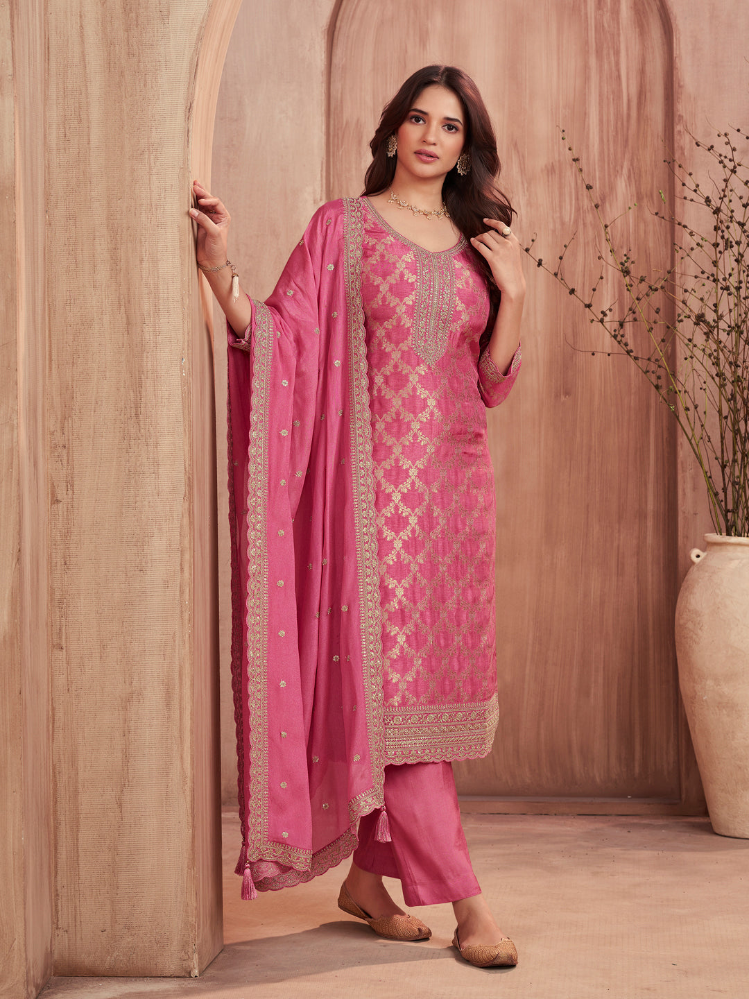 Pink Jacquard Straight Kurta With Dyed Trousers And Embroidery Dupatta