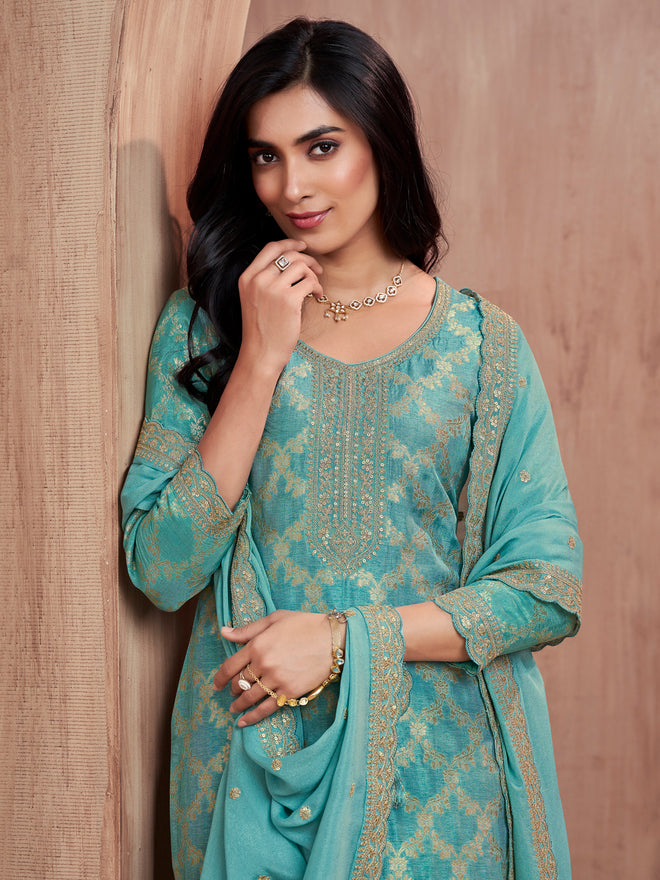 Turquoise Blue Jacquard Straight Kurta Set with Dyed Trousers and Embroidery Dupatta