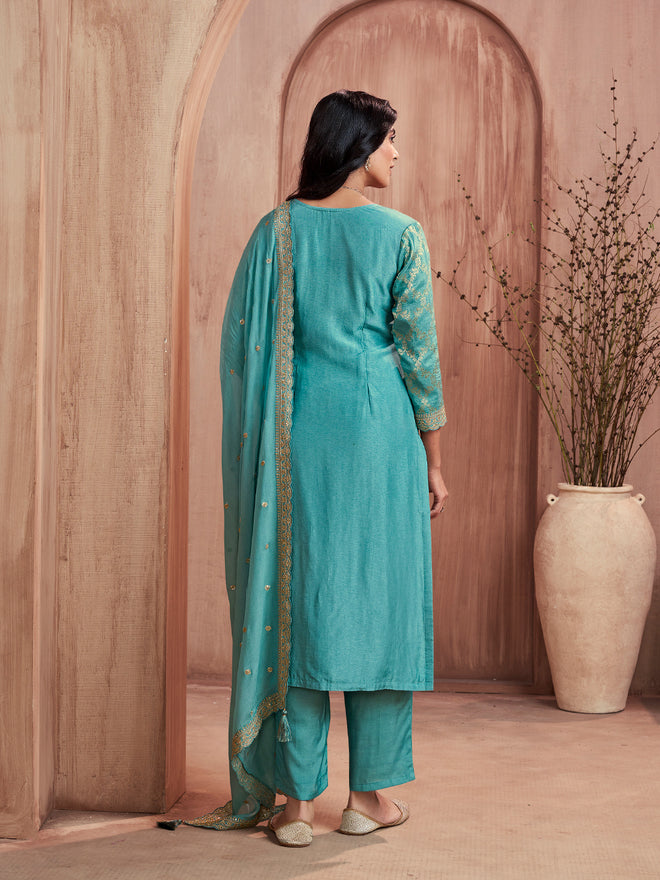 Turquoise Blue Jacquard Straight Kurta Set with Dyed Trousers and Embroidery Dupatta