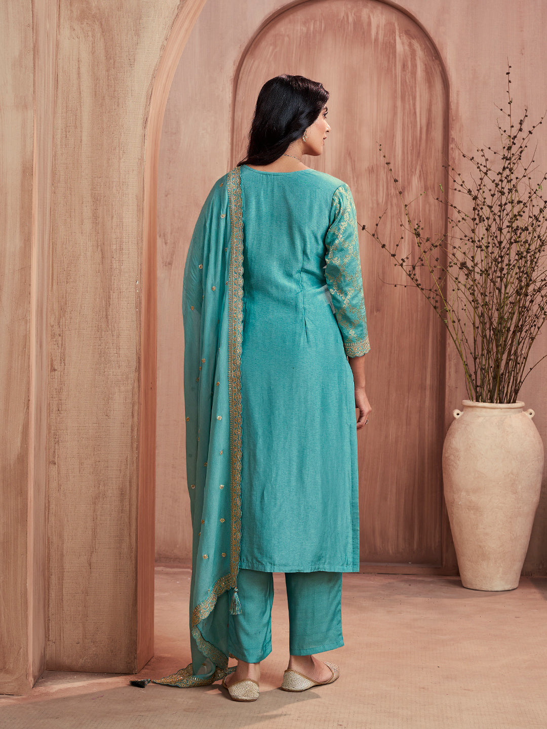 Turquoise-Blue Jacquard Straight Kurta With Dyed Trousers And Embroidery Dupatta