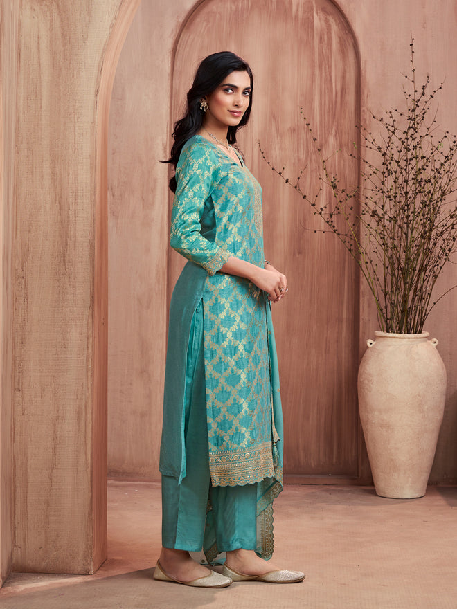 Turquoise Blue Jacquard Straight Kurta Set with Dyed Trousers and Embroidery Dupatta