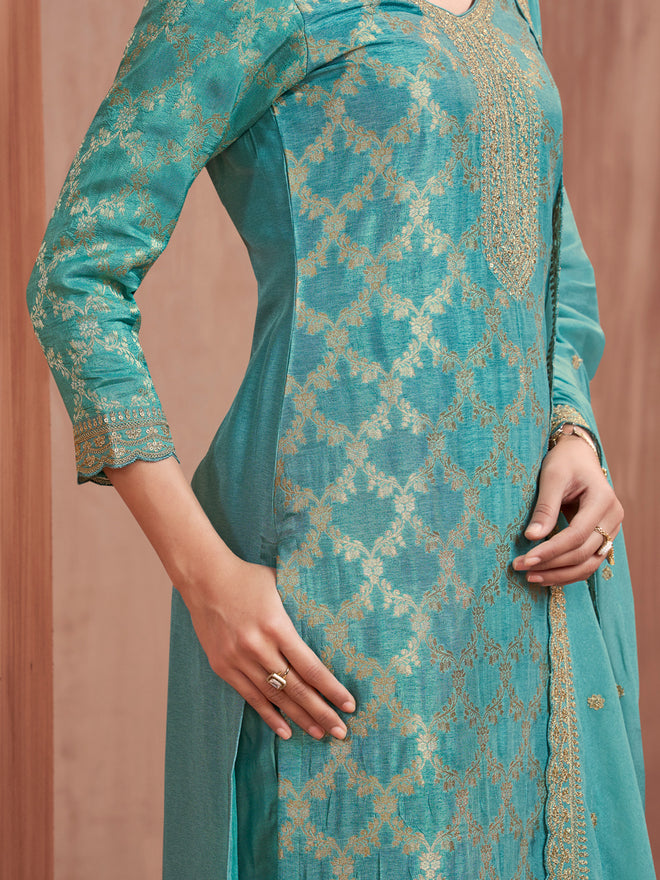 Turquoise Blue Jacquard Straight Kurta Set with Dyed Trousers and Embroidery Dupatta