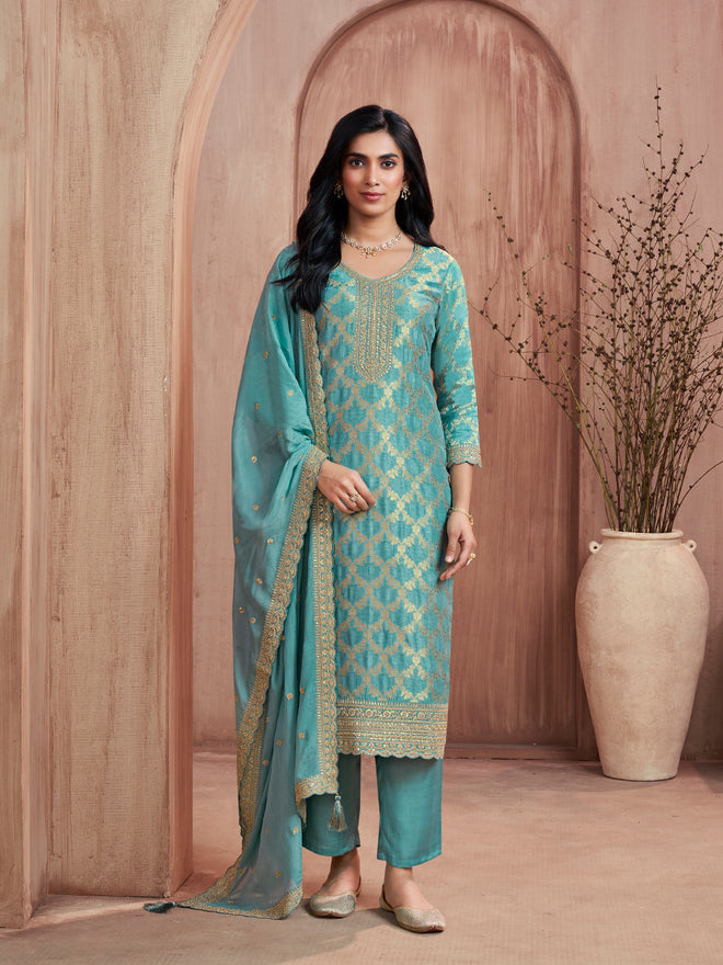 Turquoise Blue Jacquard Straight Kurta Set with Dyed Trousers and Embroidery Dupatta