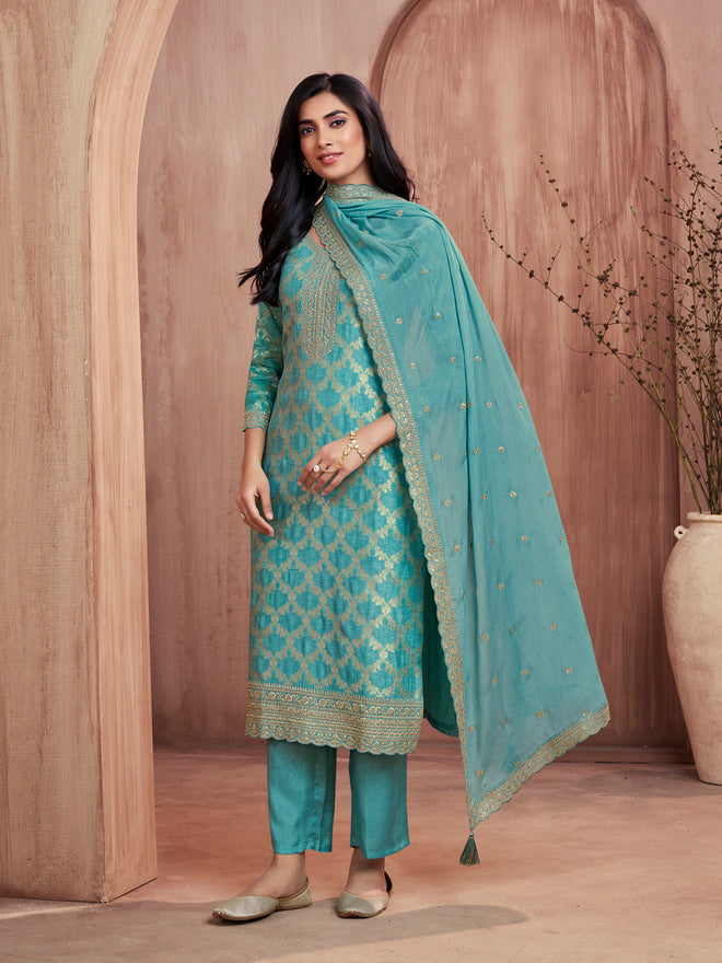 Turquoise Blue Jacquard Straight Kurta Set with Dyed Trousers and Embroidery Dupatta