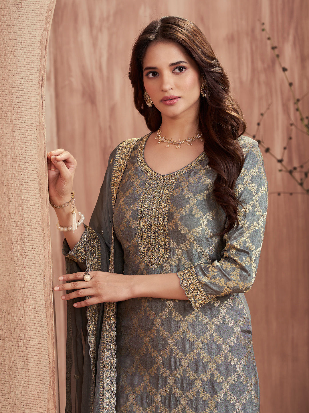 Grey Jacquard Straight Kurta With Dyed Trousers And Embroidery Dupatta