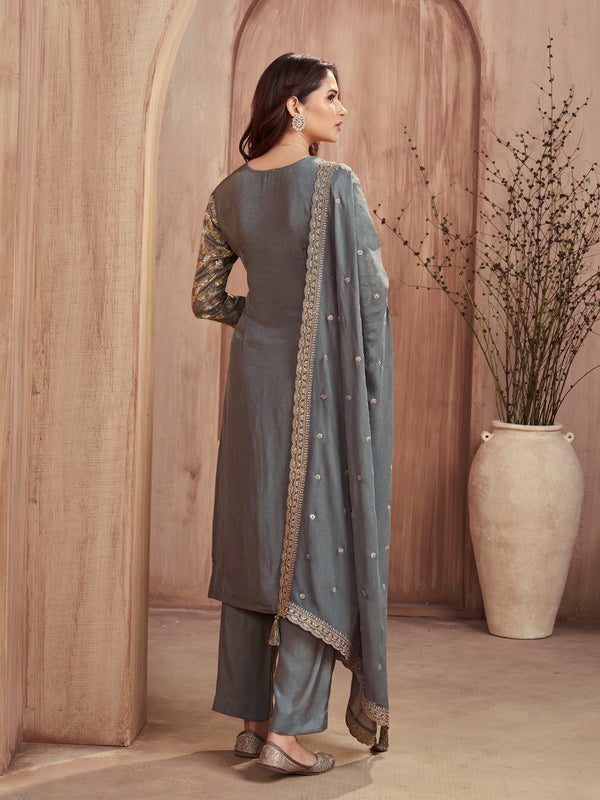 Grey Jacquard Straight Kurta With Dyed Trousers And Embroidery Dupatta